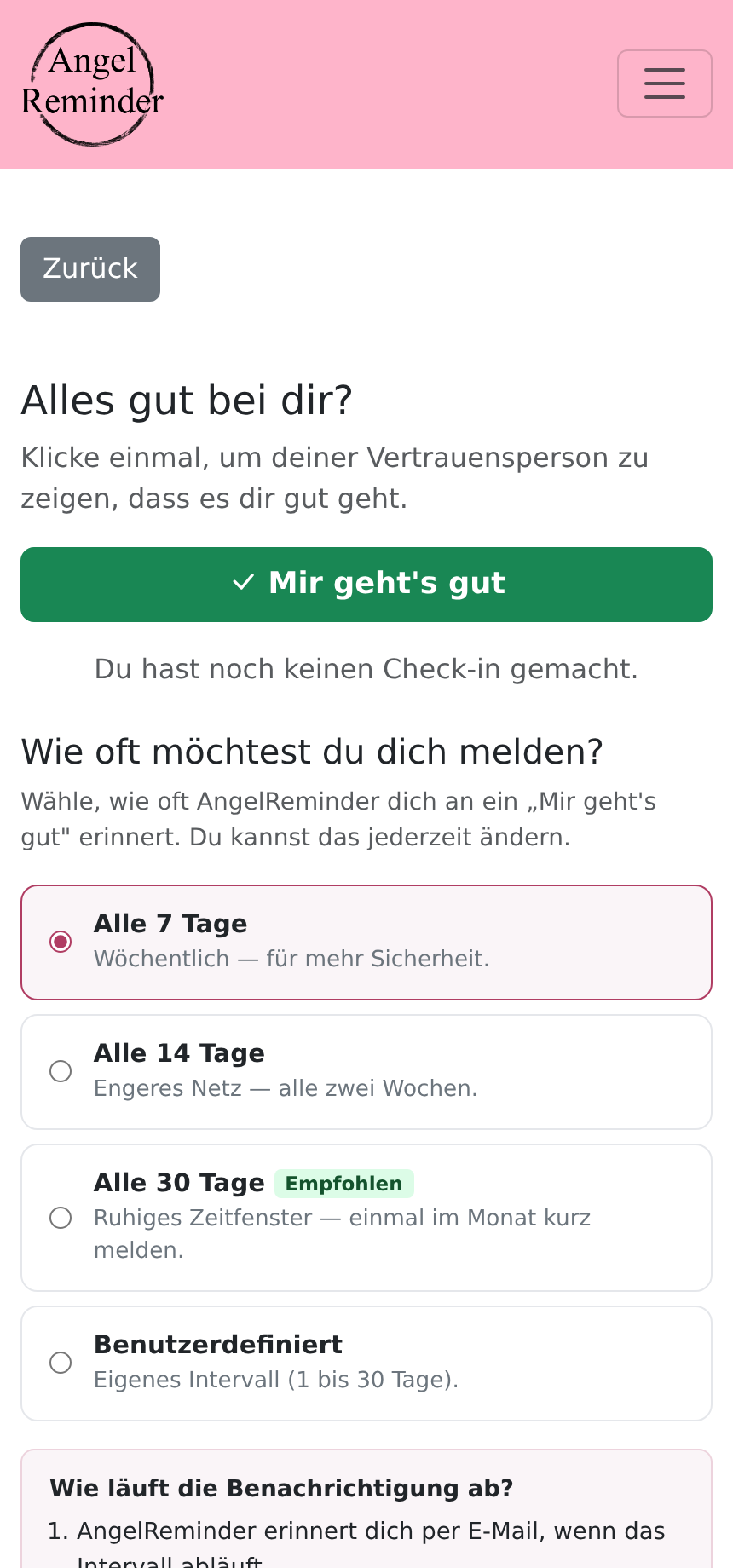 Lebenszeichen-Ansicht mit Bestätigungsknopf