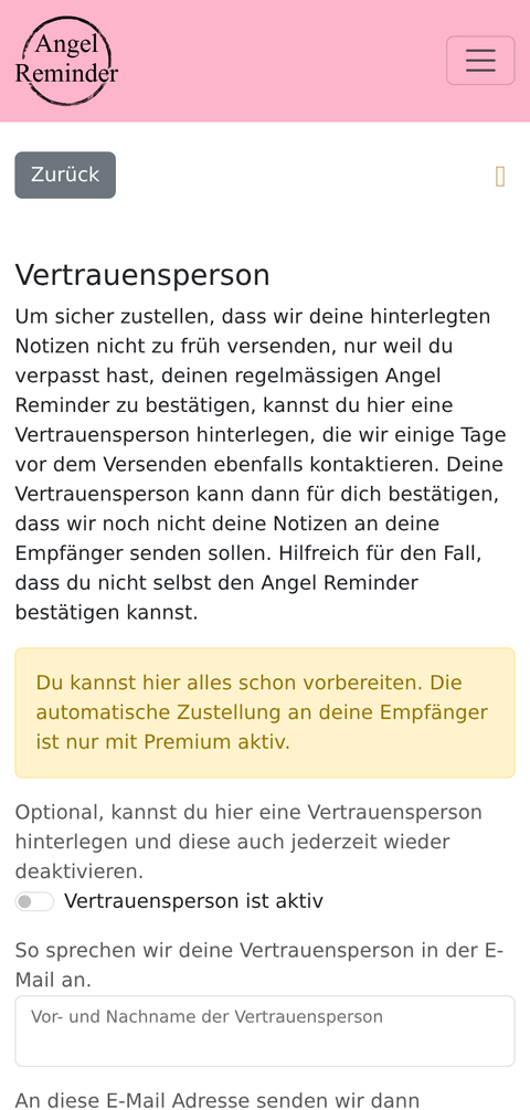 Réglages de la personne de confiance dans Angel Reminder