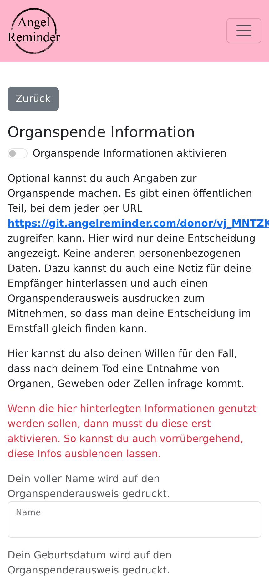 Digitaler Organspende-Ausweis mit Schlüssel in Angel Reminder