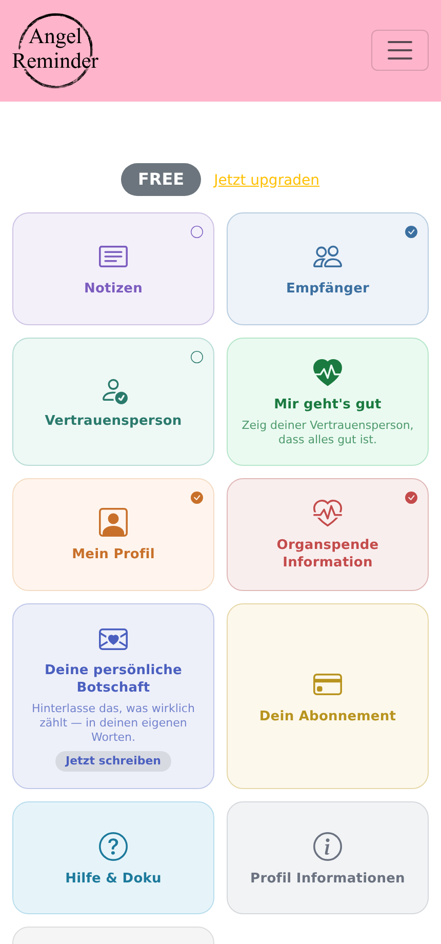 Main menu with tiles, plan badge and progress indicator