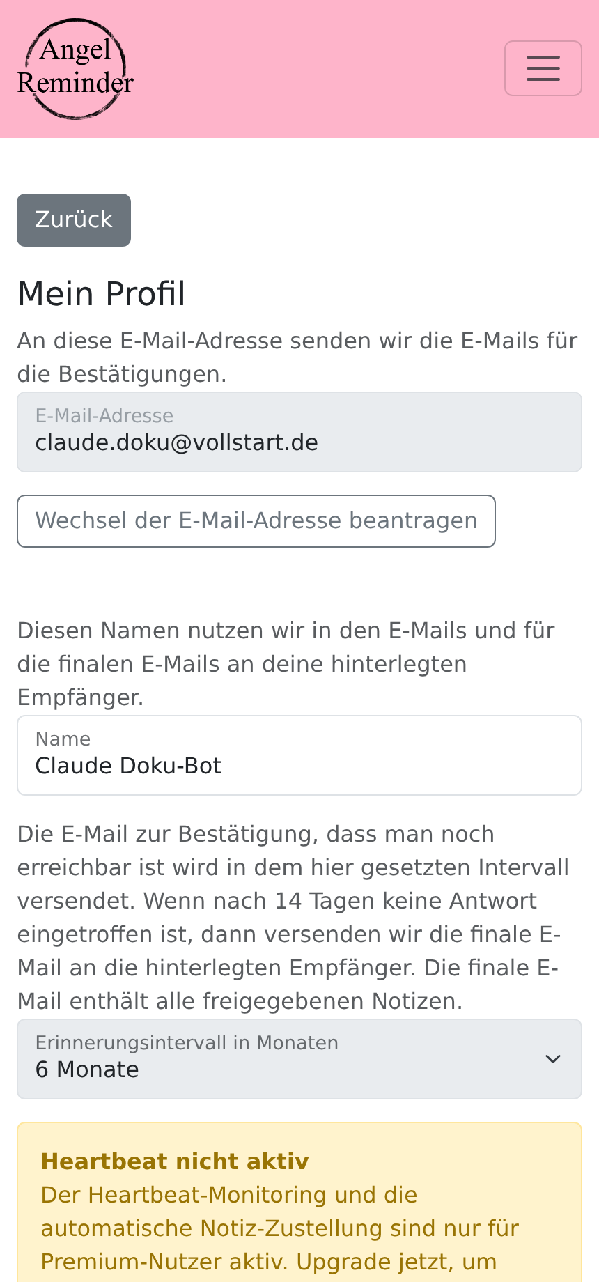 Profileinstellungen mit Name, E-Mail und Intervall in Angel Reminder